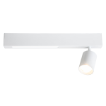 Lampa sufitowa w kolorze białym z jedną oprawą na żarówkę GU10. Posiada prostokątną, płaską podstawę oraz okrągły klosz, z którego emanuje światło. Kąt ujęcia: frontalny, ukazujący całą konstrukcję lampy.