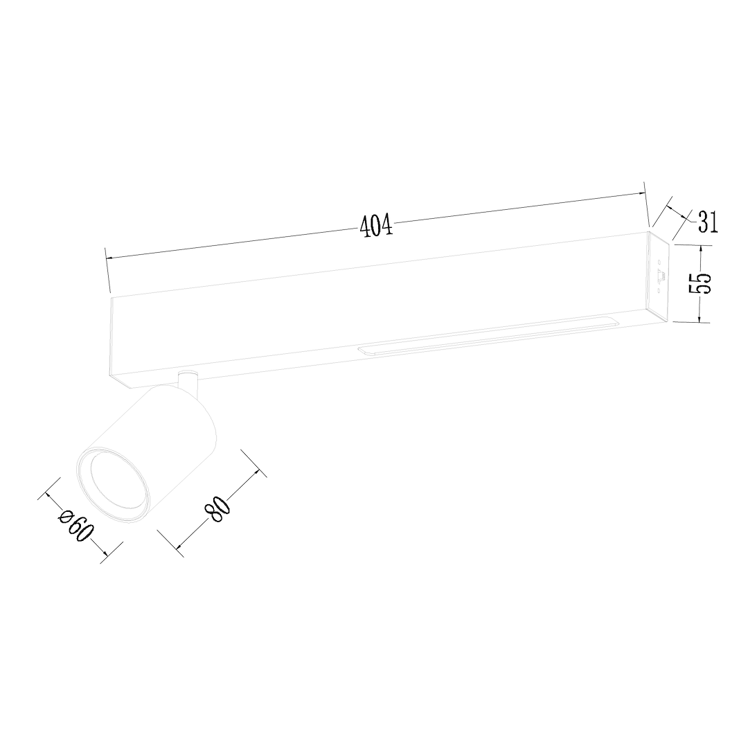 Lampa sufitowa Magnet 1xGU10 z LED 5W CCT w kolorze białym. Ujęcie z boku, pokazujące prostokątną podstawę o wymiarach 404x31x55 mm oraz okrągły klosz o średnicy 60 mm. Elementy montażowe są widoczne.