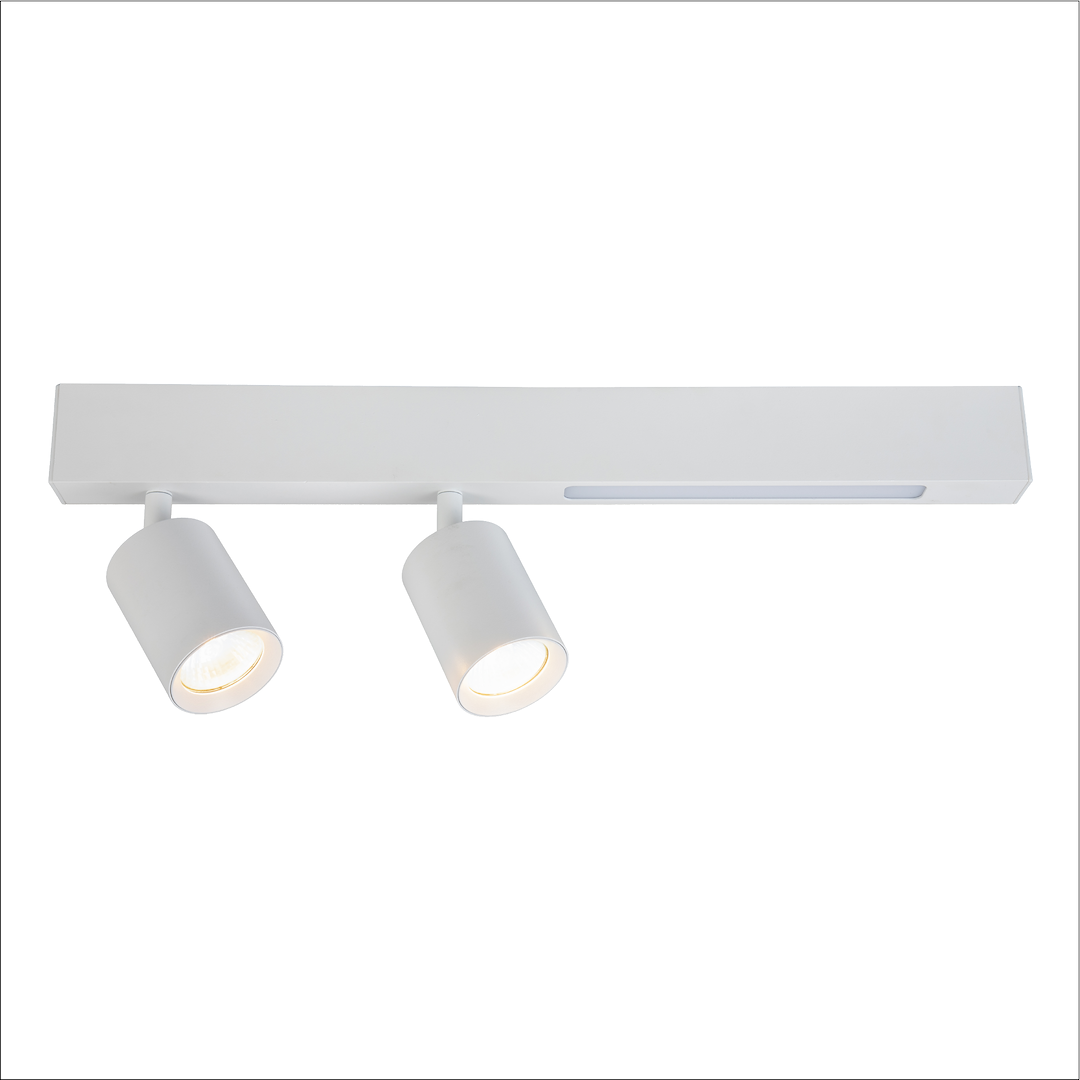 Lampa sufitowa Magnet z dwoma reflektorami GU10, biała, z wbudowanymi diodami LED 5W CCT. Ujęcie frontalne, zamontowana na prostokątnej podstawie, z okrągłymi głowicami lamp w dół. Prosta forma, idealna do nowoczesnych wnętrz.