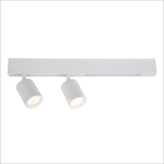 Lampa sufitowa Magnet z dwoma reflektorami GU10, biała, z wbudowanymi diodami LED 5W CCT. Ujęcie frontalne, zamontowana na prostokątnej podstawie, z okrągłymi głowicami lamp w dół. Prosta forma, idealna do nowoczesnych wnętrz.