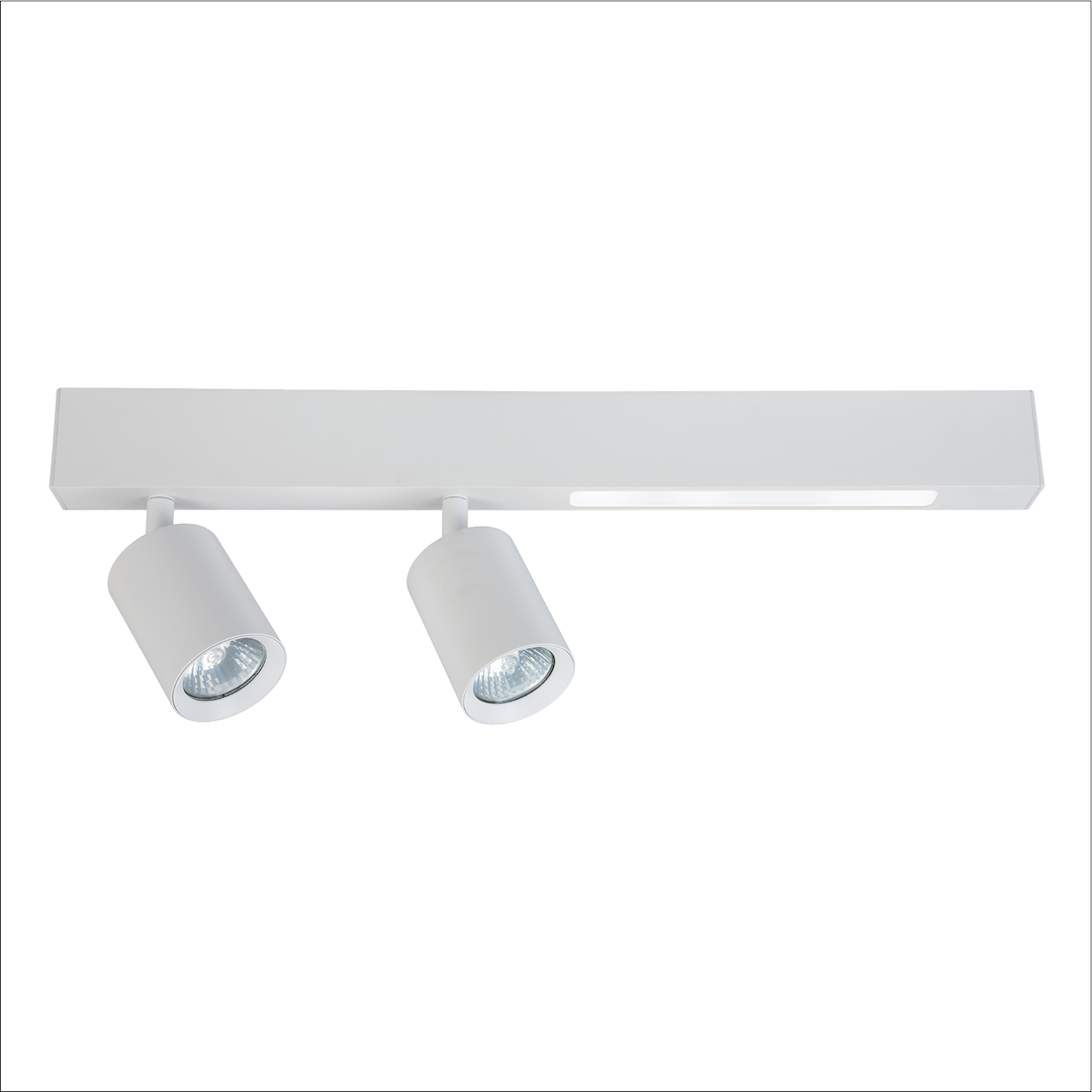 Lampa sufitowa Magnet z dwoma reflektorami GU10, biała, o prostokątnej podstawie. Zawiera diody LED 5W CCT. Reflektory mają cylindryczny kształt i są zamocowane na regulowanych przegubach, umożliwiających kierowanie światła.