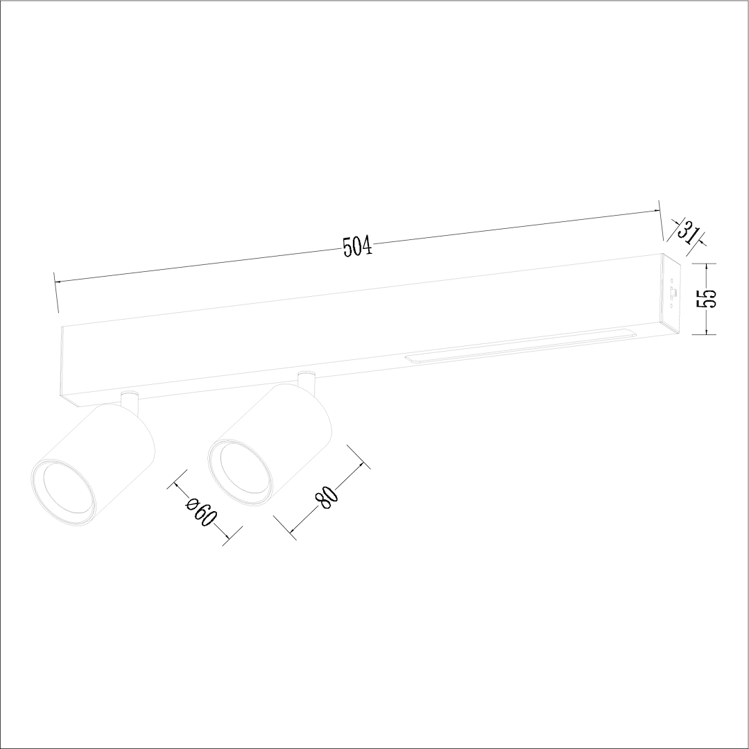 Lampa sufitowa Magnet z dwoma punktami świetlnymi GU10, wykonana w białym kolorze. Wymiary: długość 504 mm, szerokość 80 mm, wysokość 55 mm. Wyposażona w żarówki LED 5W CCT, montowana na suficie.