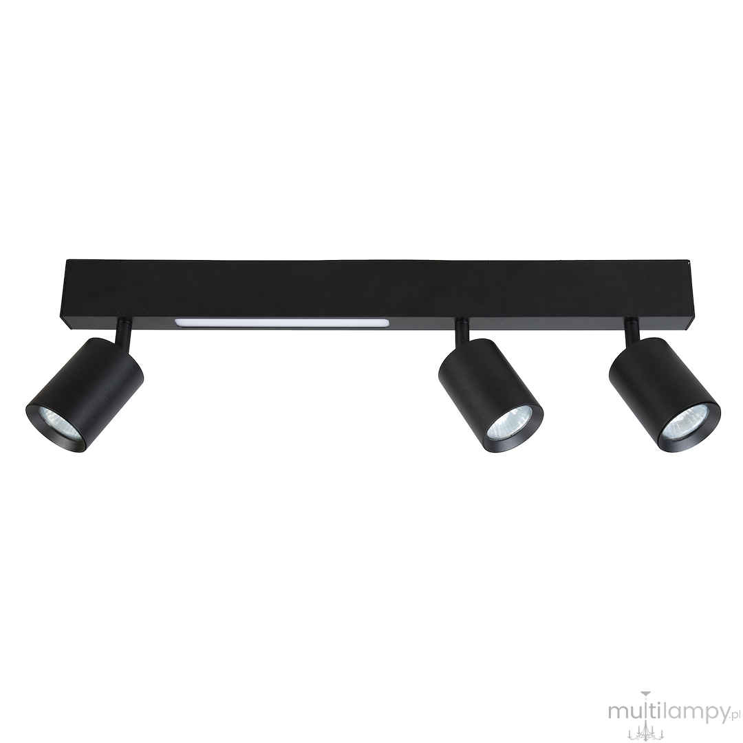 Czarna lampa sufitowa Magnet z trzema reflektorami GU10, każdy z LED 5W CCT. Ułożona poziomo, z minimalistycznym designem, metalowym wykończeniem i okrągłymi kloszami skierowanymi w dół, idealna do oświetlenia wnętrz.