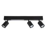 Czarna lampa sufitowa Magnet z trzema reflektorami GU10, każdy z LED 5W CCT. Ułożona poziomo, z minimalistycznym designem, metalowym wykończeniem i okrągłymi kloszami skierowanymi w dół, idealna do oświetlenia wnętrz.