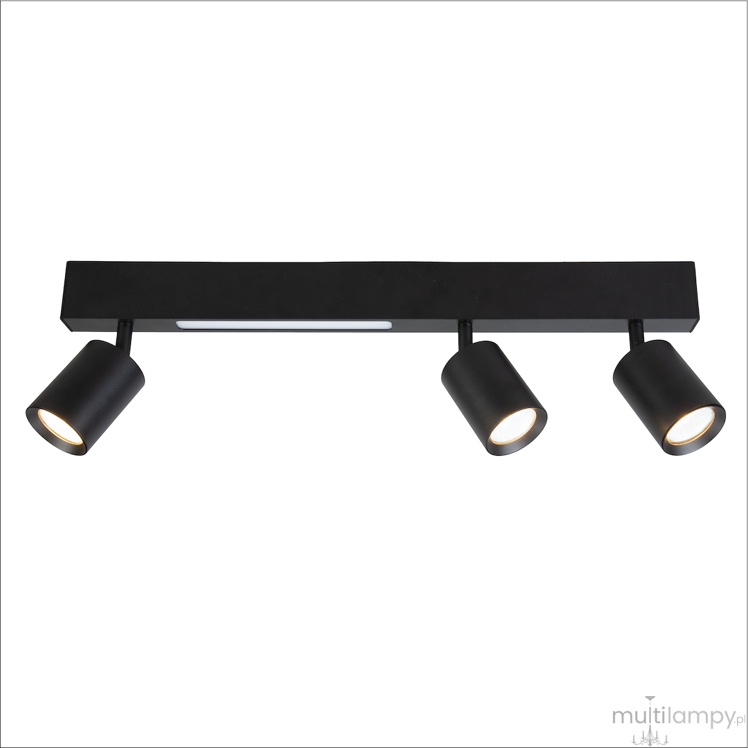Lampa sufitowa Magnet z trzema reflektorami GU10 w kolorze czarnym. Wbudowane źródła światła LED 5W CCT. Prosta, prostokątna konstrukcja z regulowanymi głowicami, montowana na suficie. Ujęcie frontalne.