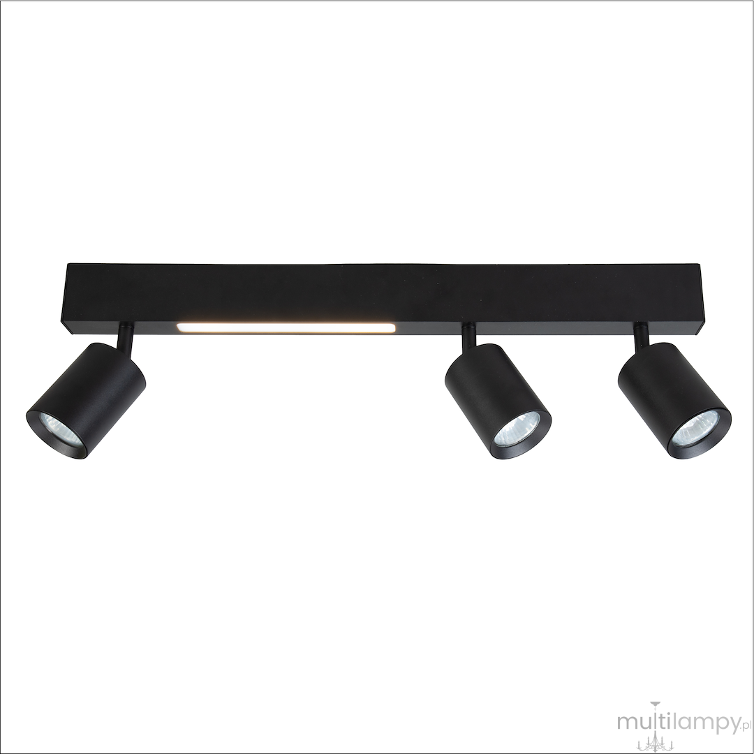 Lampa sufitowa Magnet w kolorze czarnym z trzema reflektorami GU10 i dodatkowym źródłem LED 5W CCT. Ujęcie frontalne, produkt zamontowany na ścianie, z cylindrycznymi kloszami skierowanymi w dół. Prosta, nowoczesna forma.