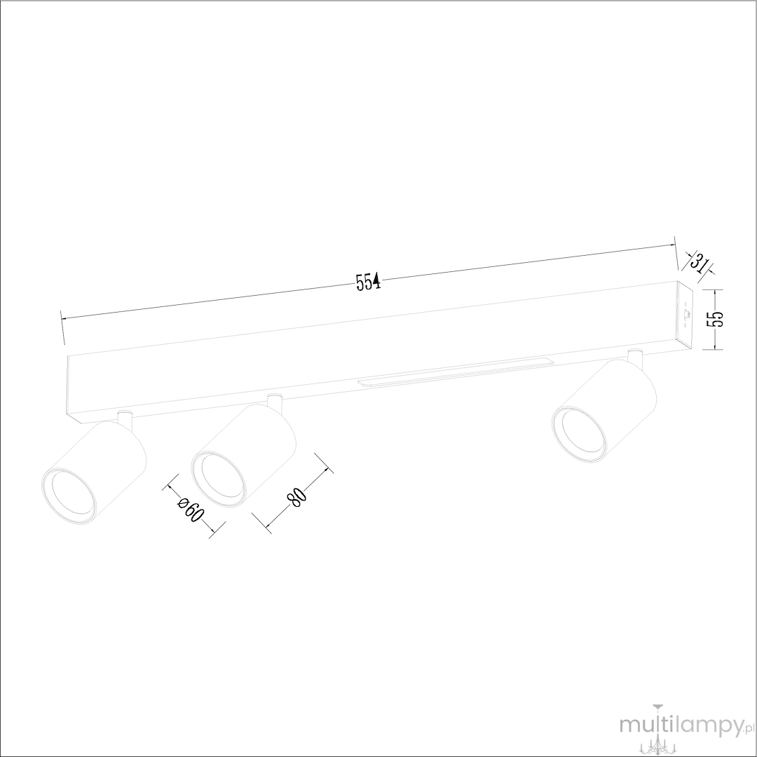 Lampa sufitowa Magnet z trzema punktami świetlnymi GU10, czarna. Wymiary: długość 554 mm, wysokość 155 mm, szerokość 80 mm. Wyposażona w LED 5W CCT, montowana na suficie w pozycji rozłożonej.