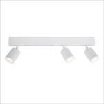 Lampa sufitowa Magnet 3xGU10 z białą obudową, z trzema cylindrycznymi kloszami, zamontowana na prostokątnej podstawie. Źródła światła LED 5W CCT, skierowane w dół, doskonałe do oświetlenia wnętrz.