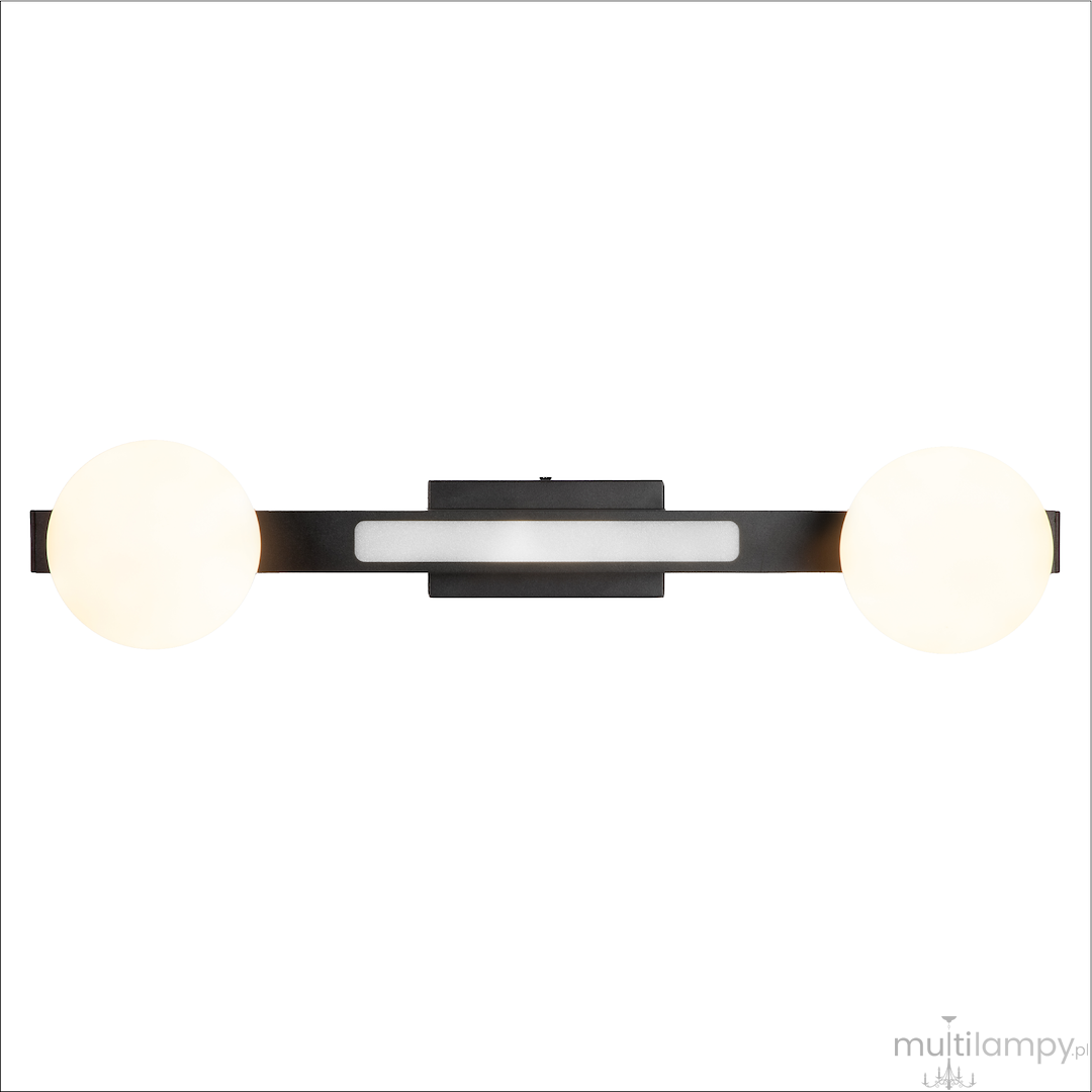 Lampa sufitowa Magnet 2xG9 z LED 13W w kolorze czarnym, z dwoma okrągłymi, białymi kloszami i prostokątnym elementem w centralnej części. Ujęcie frontalne, produkt montowany na suficie.
