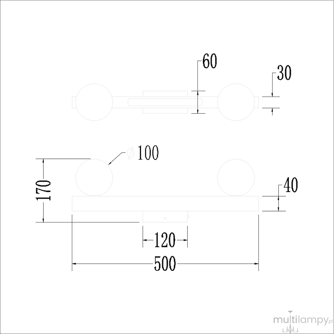 Lampa sufitowa Magnet z dwoma oprawami na żarówki G9, wykonana w kolorze czarnym, z wymiennym LED 13W CCT. Wymiary: długość 500 mm, wysokość 170 mm, grubość 30 mm. Okrągłe klosze o średnicy 100 mm, zamontowane na prostokątnej podstawie.