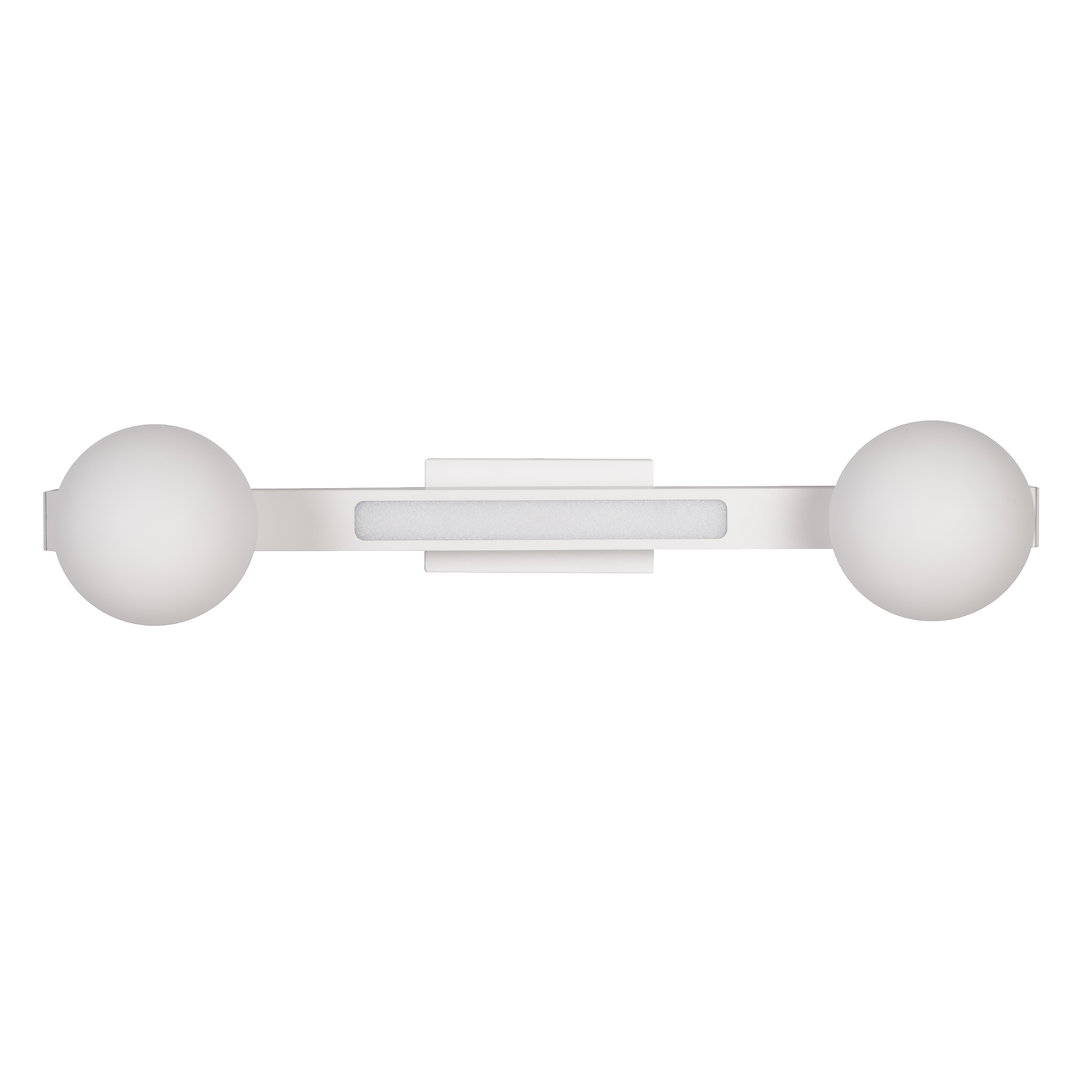 Lampa sufitowa Magnet z dwoma kulistymi kloszami w białym kolorze. Posiada wbudowany LED 13W CCT, montowana na ścianie. Ujęcie frontalne, z widocznym prostokątnym panelem oraz kulistymi elementami po bokach.