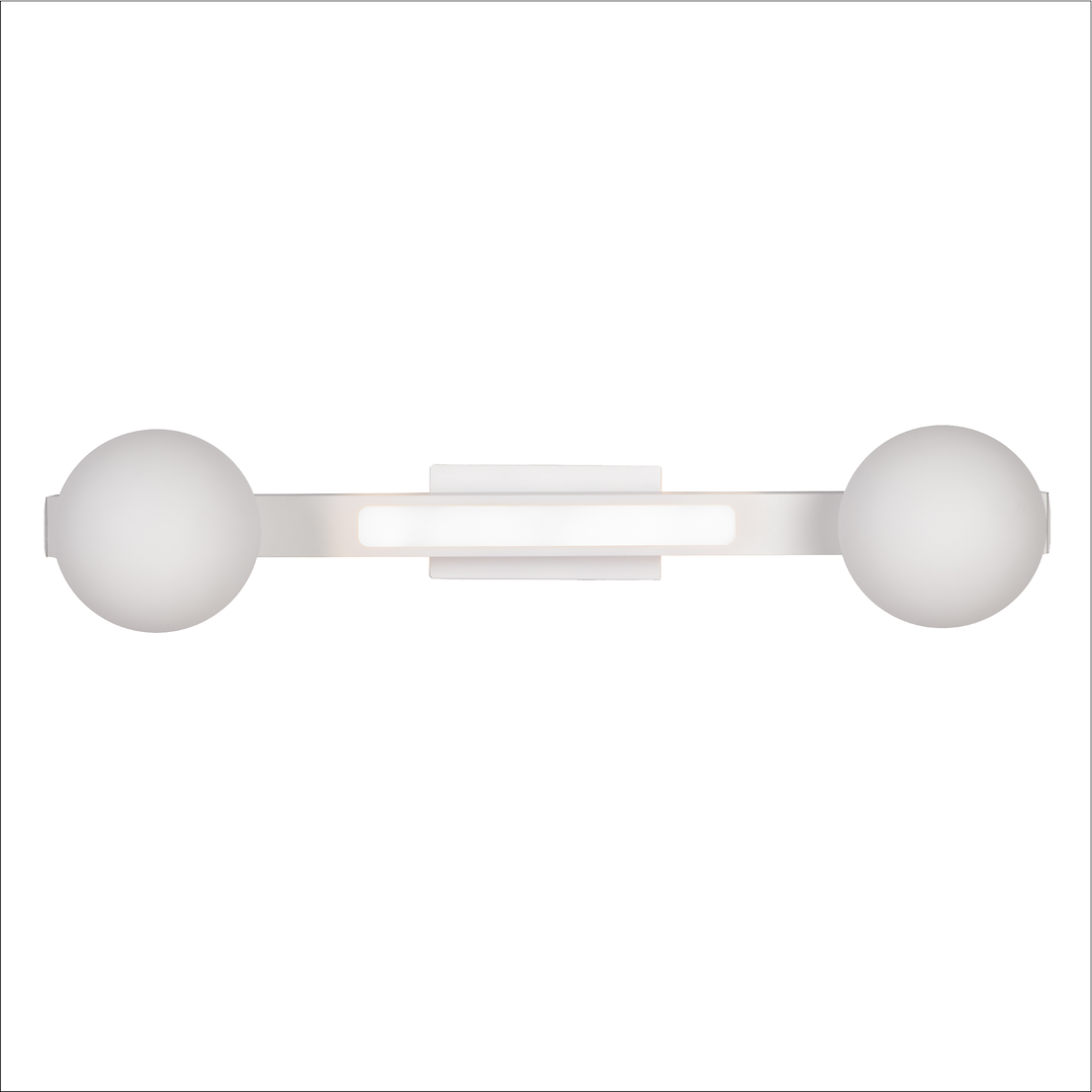 Lampa sufitowa Magnet z dwoma kulistymi kloszami w kolorze białym, zamocowana na prostokątnej podstawie. Zawiera źródło światła LED 13W CCT. Ujęcie frontalne, na jednolitym tle.