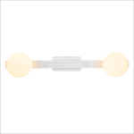 Lampa sufitowa Magnet z dwoma okrągłymi kloszami w kolorze białym, zamontowana na prostokątnej podstawie. W zestawie dwie żarówki G9, LED 13W, emitujące ciepłe światło. Ujęcie frontalne, na jednolitym tle.