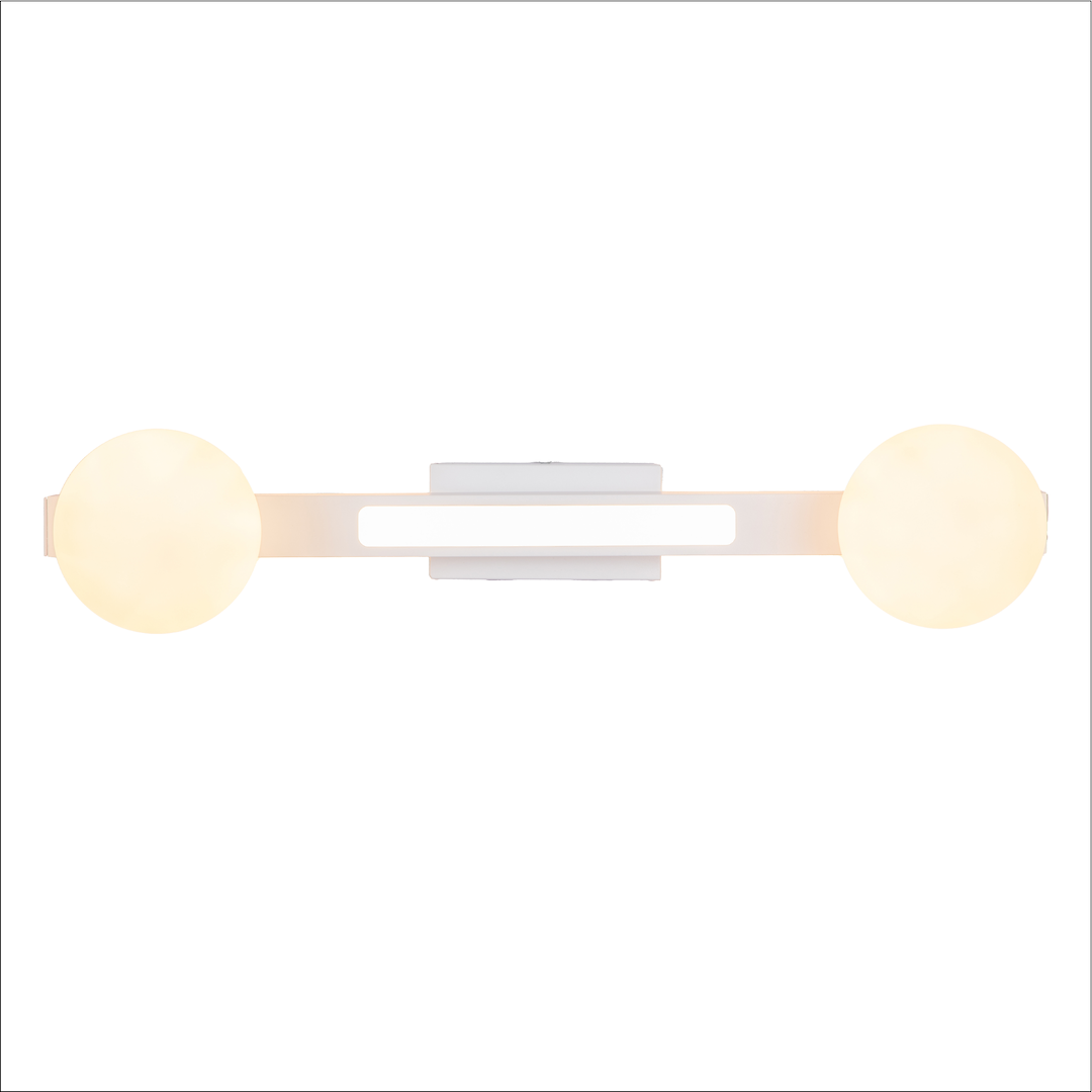 Lampa sufitowa Magnet z dwoma okrągłymi kloszami LED, biała, z metalowym stelażem. Ułożona poziomo, z centralnym mocowaniem. Klosze emitują ciepłe światło, a ich struktura jest gładka. Idealna do nowoczesnych wnętrz.