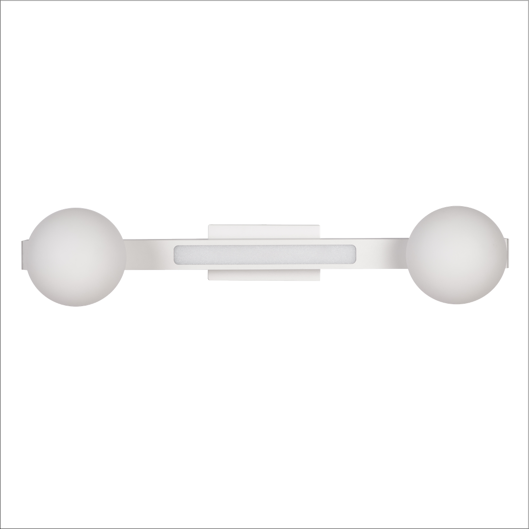Lampa sufitowa Magnet z dwoma kulistymi kloszami w białym kolorze, umieszczona na prostokątnej podstawie. Wyposażona w dwie oprawy G9 oraz LED 13W CCT, prezentująca minimalistyczny design. Ujęcie frontalne, na białym tle.