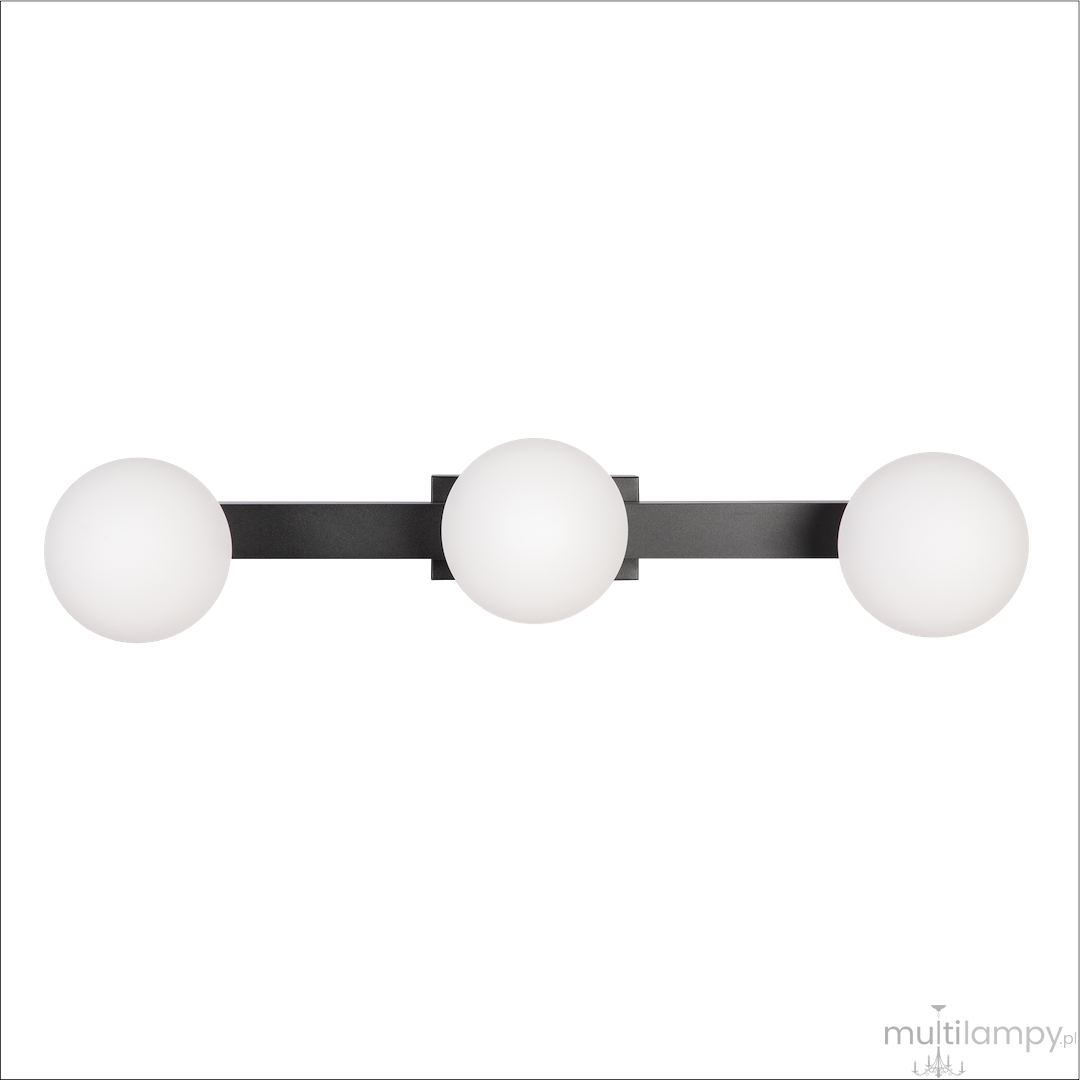 Lampa sufitowa Magnet z trzema kulistymi kloszami w białym kolorze, zamocowana na czarnej metalowej listwie. Źródło światła to LED 9W CCT. Produkt widoczny z przodu, na jednolitym tle.