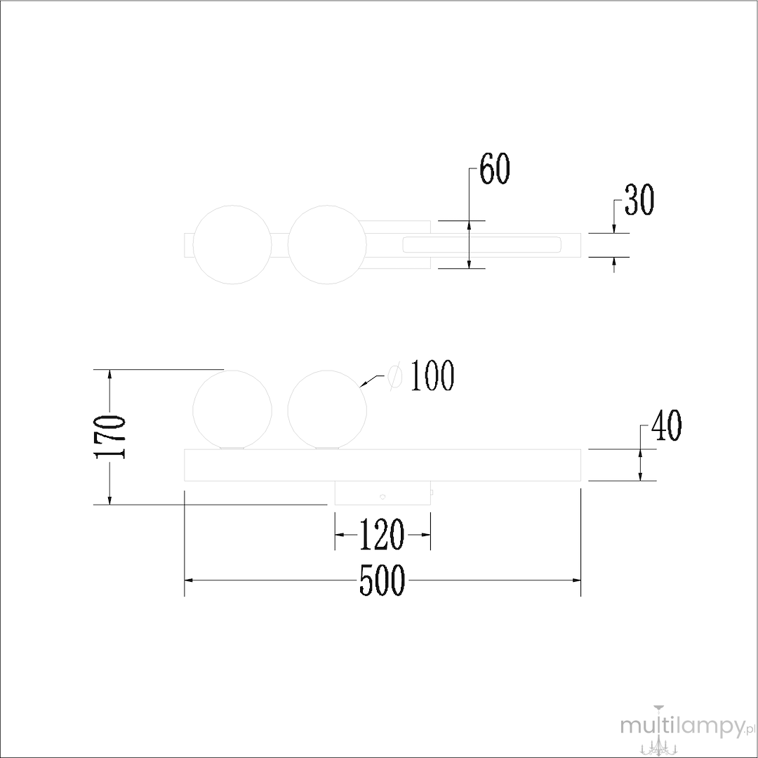 Kinkiet Magnet 2xG9 + LED 13W CCT w kolorze czarnym, o wymiarach 500 mm długości, 170 mm wysokości i 40 mm szerokości. Zawiera dwie okrągłe oprawy świetlne z możliwością regulacji temperatury barwowej.