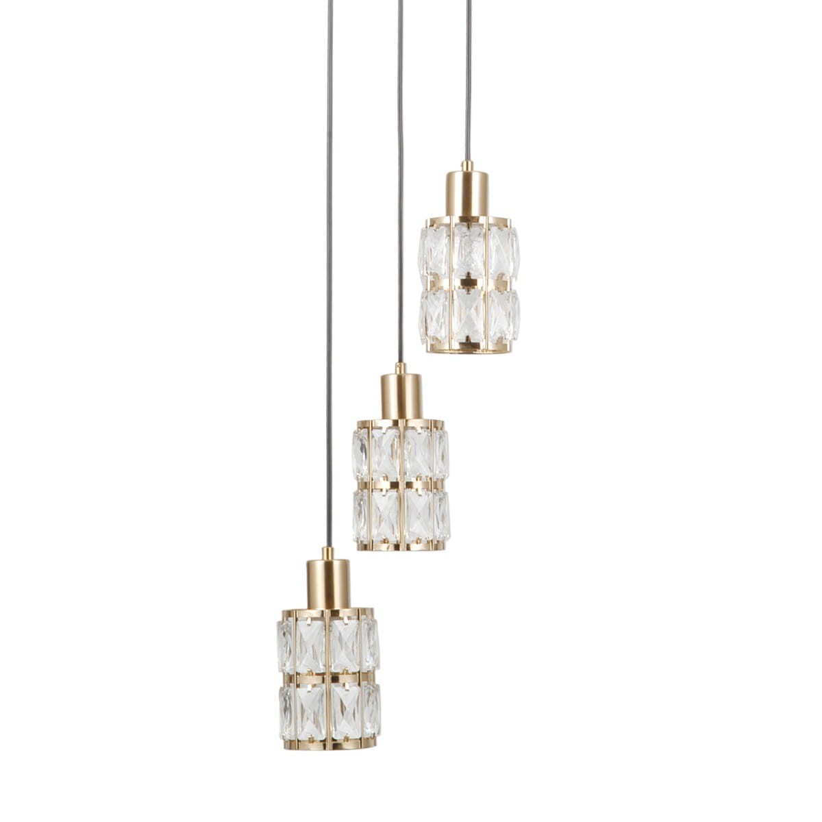 Lampa wisząca Alma z trzema kloszami w złotym kolorze, wykonana z przezroczystego szkła. Klosze mają prostokątny kształt z dekoracyjnymi szlifami. Produkt zawieszony na cienkich przewodach, idealny do nowoczesnych wnętrz.