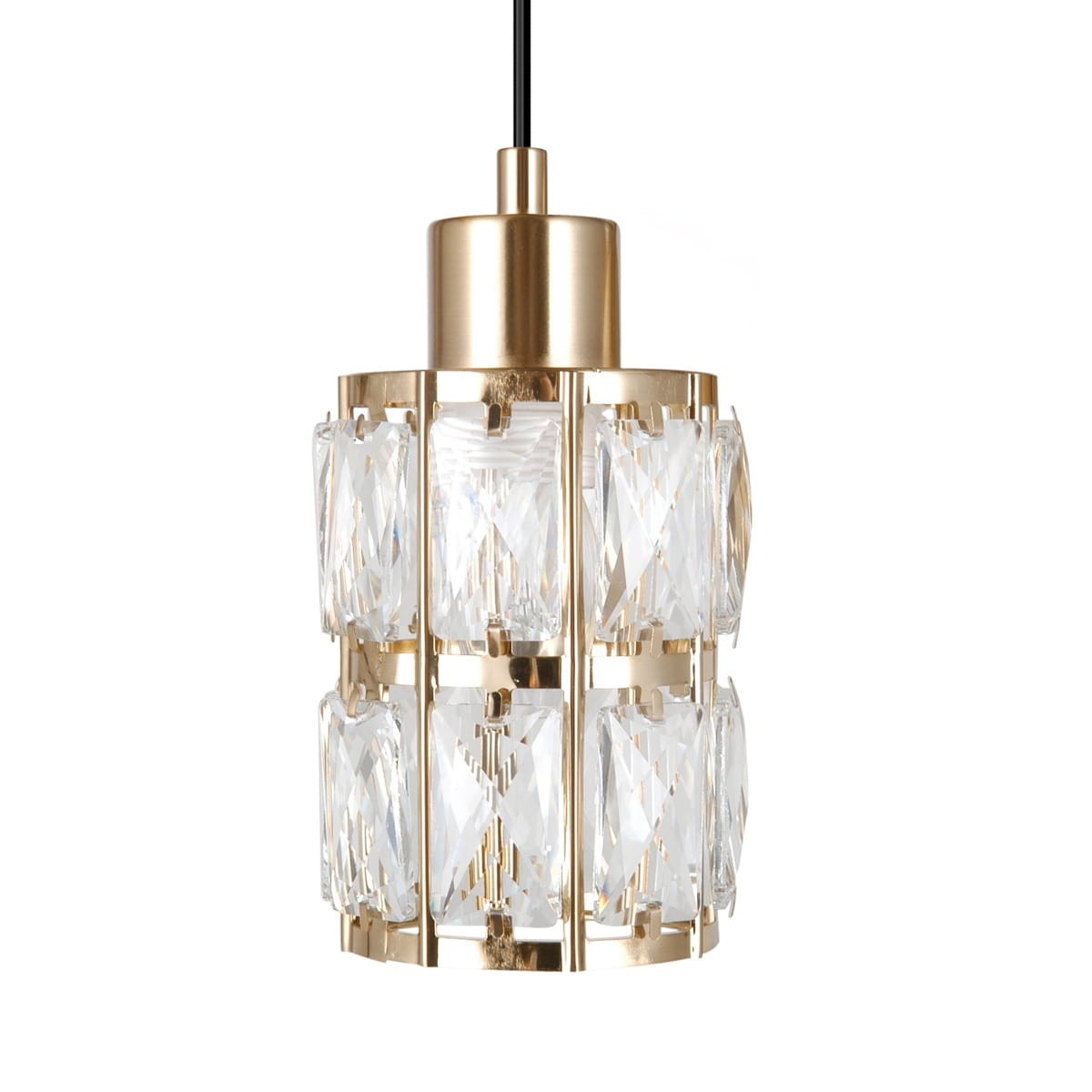 Lampa wisząca Alma w kolorze złotym, z trzema oprawkami E27. Posiada szklane, diamentowo cięte elementy, umieszczone w metalowej konstrukcji. Produkt zawieszony na czarnym przewodzie, widok z boku.