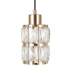 Lampa wisząca Alma w kolorze złotym, z trzema oprawkami E27. Posiada szklane, diamentowo cięte elementy, umieszczone w metalowej konstrukcji. Produkt zawieszony na czarnym przewodzie, widok z boku.