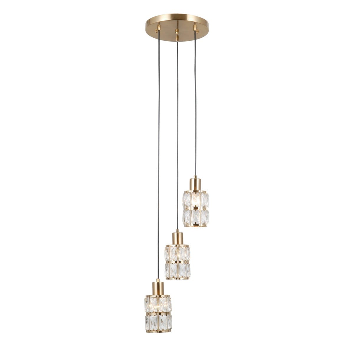 Lampa wisząca Alma z trzema kloszami E27, w złotym wykończeniu. Klosze o prostokątnym kształcie z przezroczystego materiału, zawieszone na cienkich przewodach. Całość zamontowana na okrągłej podstawie sufitowej.