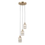 Lampa wisząca Alma z trzema kloszami E27, w złotym wykończeniu. Klosze o prostokątnym kształcie z przezroczystego materiału, zawieszone na cienkich przewodach. Całość zamontowana na okrągłej podstawie sufitowej.
