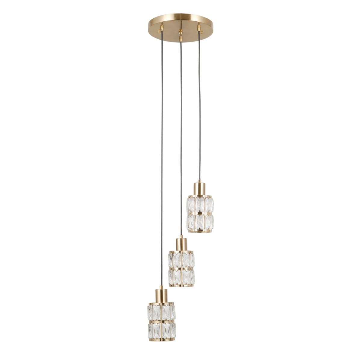 Lampa wisząca Alma z trzema kloszami, każdy w kształcie prostopadłościanu, wykonany z przezroczystego materiału, z metalowymi złotymi detalami. Klosze zawieszone na cienkich, szarych przewodach, montowane na okrągłej złotej podsufitce.