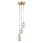 Lampa wisząca Alma z trzema kloszami, każdy w kształcie prostopadłościanu, wykonany z przezroczystego materiału, z metalowymi złotymi detalami. Klosze zawieszone na cienkich, szarych przewodach, montowane na okrągłej złotej podsufitce.
