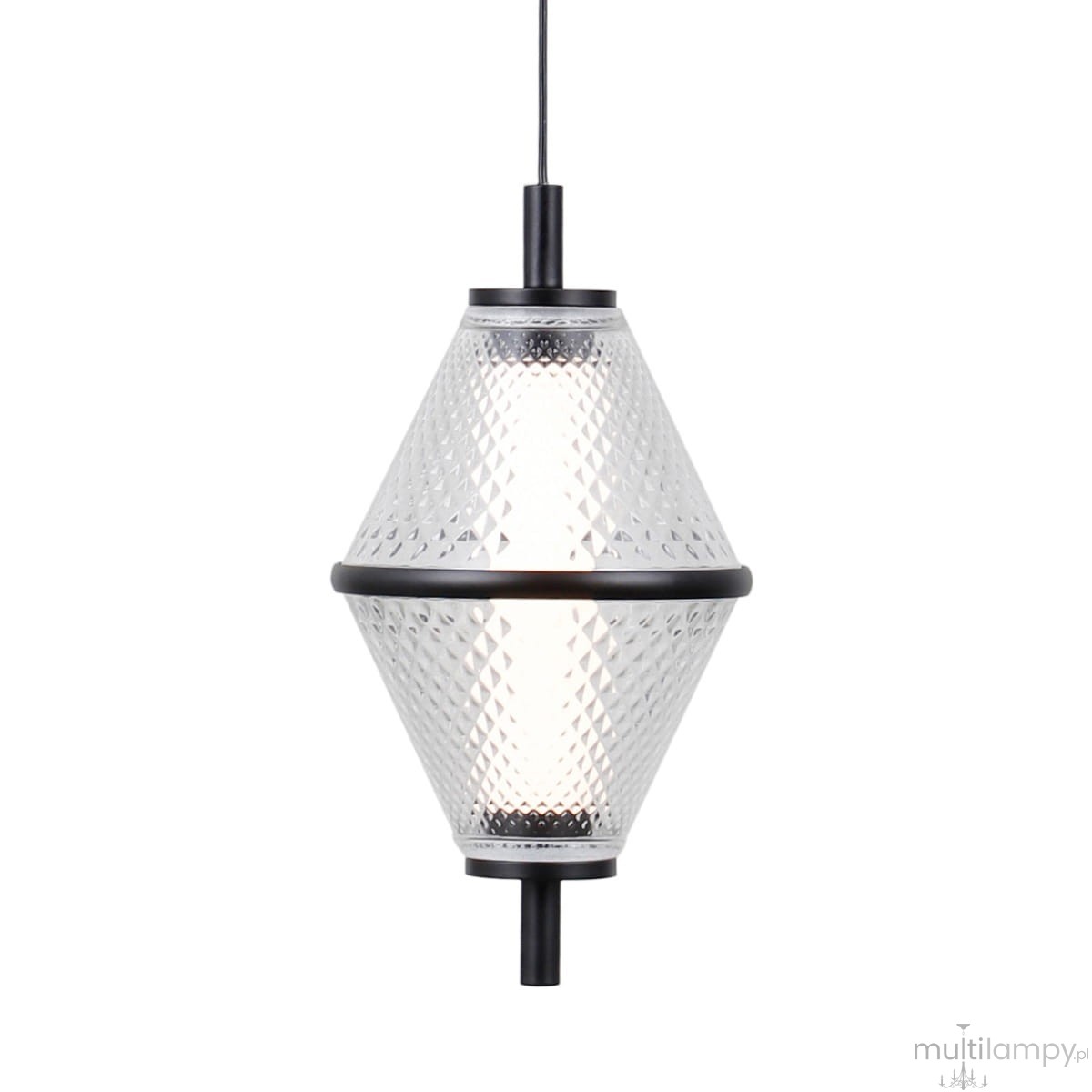 Lampa wisząca Fuente z 1xLED 5W w kolorze czarnym. Kształt diamentowy, przezroczysta klosz z fakturą, metalowe wykończenie. Zawieszona na cienkim przewodzie, idealna do nowoczesnych aranżacji wnętrz.