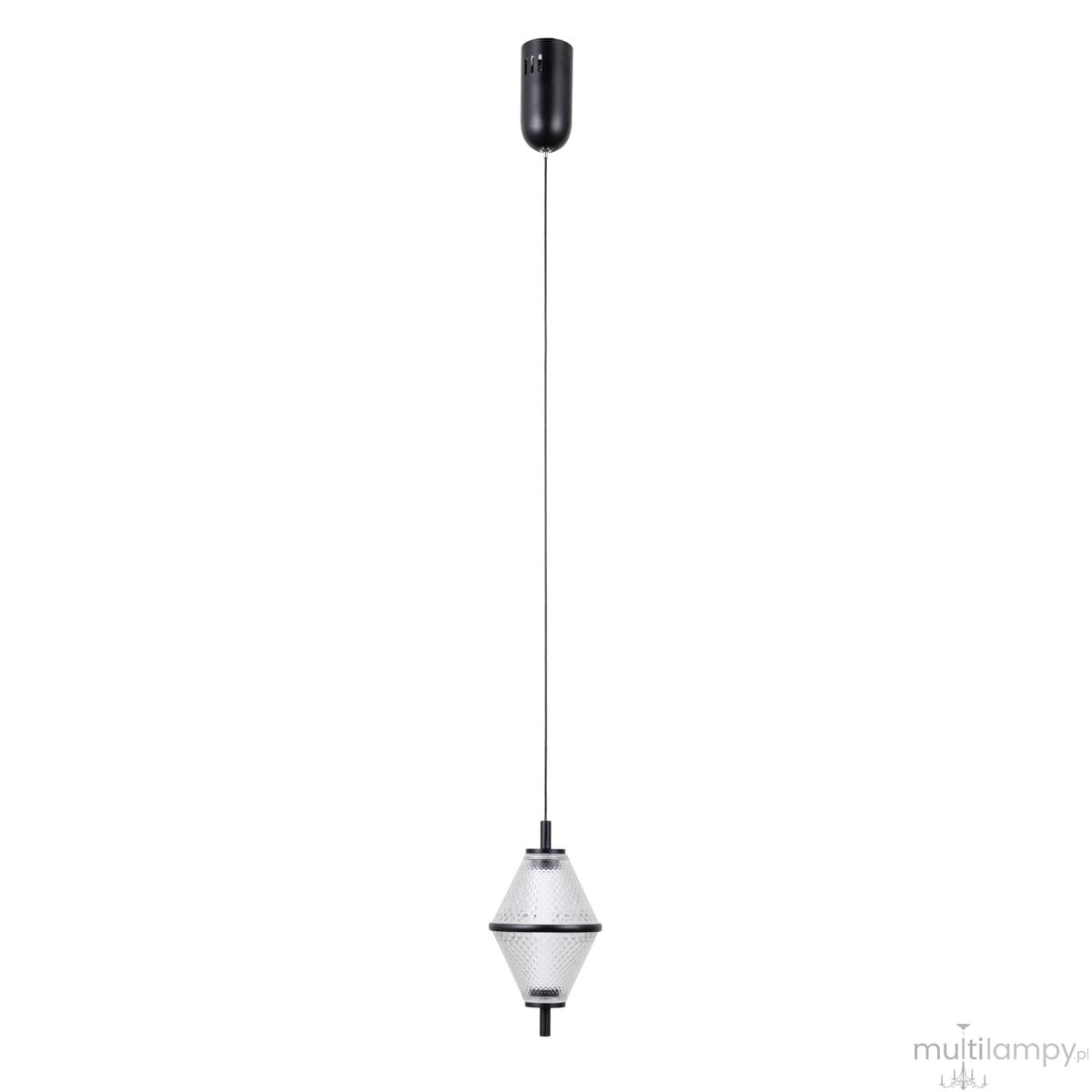 Lampa wisząca Fuente 1xLED 5W w kolorze czarnym, o asymetrycznym kształcie diamentu, zawieszona na cienkim przewodzie. Szklany klosz z delikatnym wzorem, z widocznym źródłem światła. Montaż sufitowy, w minimalistycznym stylu.