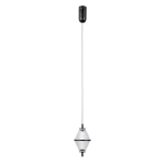 Lampa wisząca Fuente 1xLED 5W w kolorze czarnym, o asymetrycznym kształcie diamentu, zawieszona na cienkim przewodzie. Szklany klosz z delikatnym wzorem, z widocznym źródłem światła. Montaż sufitowy, w minimalistycznym stylu.