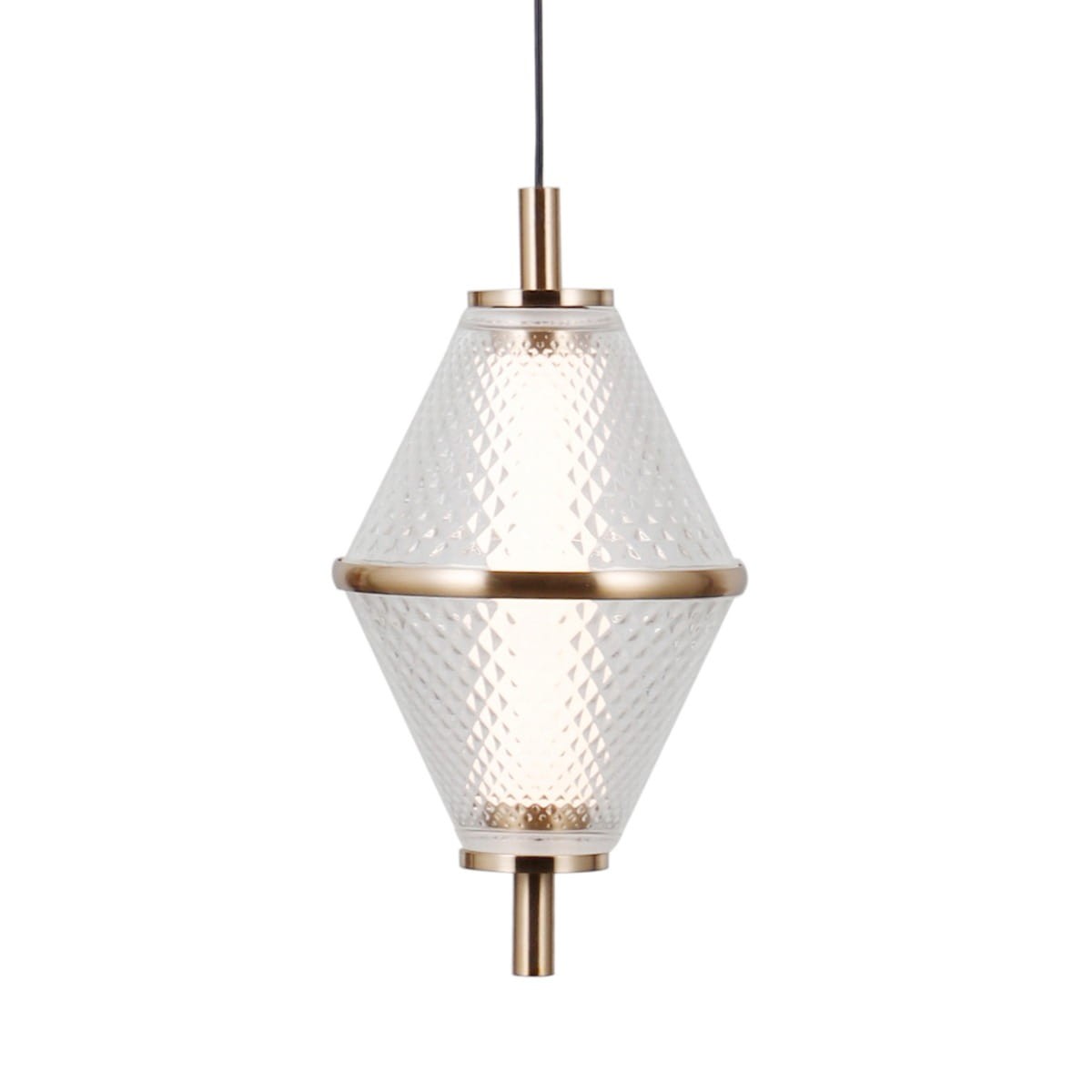 Lampa wisząca Fuente 1xLED 5W w kształcie diamentu, z przezroczystym kloszem z teksturą i złotymi elementami wykończeniowymi. Zawieszona na czarnym przewodzie, elegancka i nowoczesna, idealna do wnętrz.