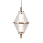Lampa wisząca Fuente 1xLED 5W w kształcie diamentu, z przezroczystym kloszem z teksturą i złotymi elementami wykończeniowymi. Zawieszona na czarnym przewodzie, elegancka i nowoczesna, idealna do wnętrz.