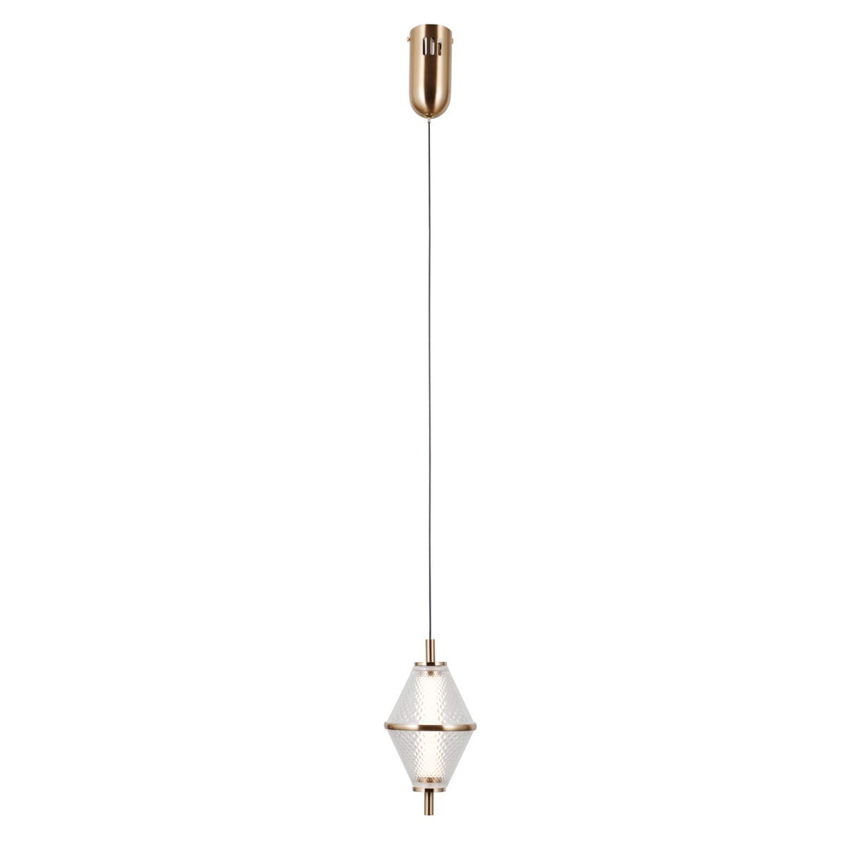 Lampa wisząca Fuente z jednym modułem LED 5W. Złota oprawa metalowa z przezroczystym kloszem w kształcie diamentu, zawieszona na cienkim przewodzie. Prosta, nowoczesna konstrukcja, idealna do różnych aranżacji wnętrz.