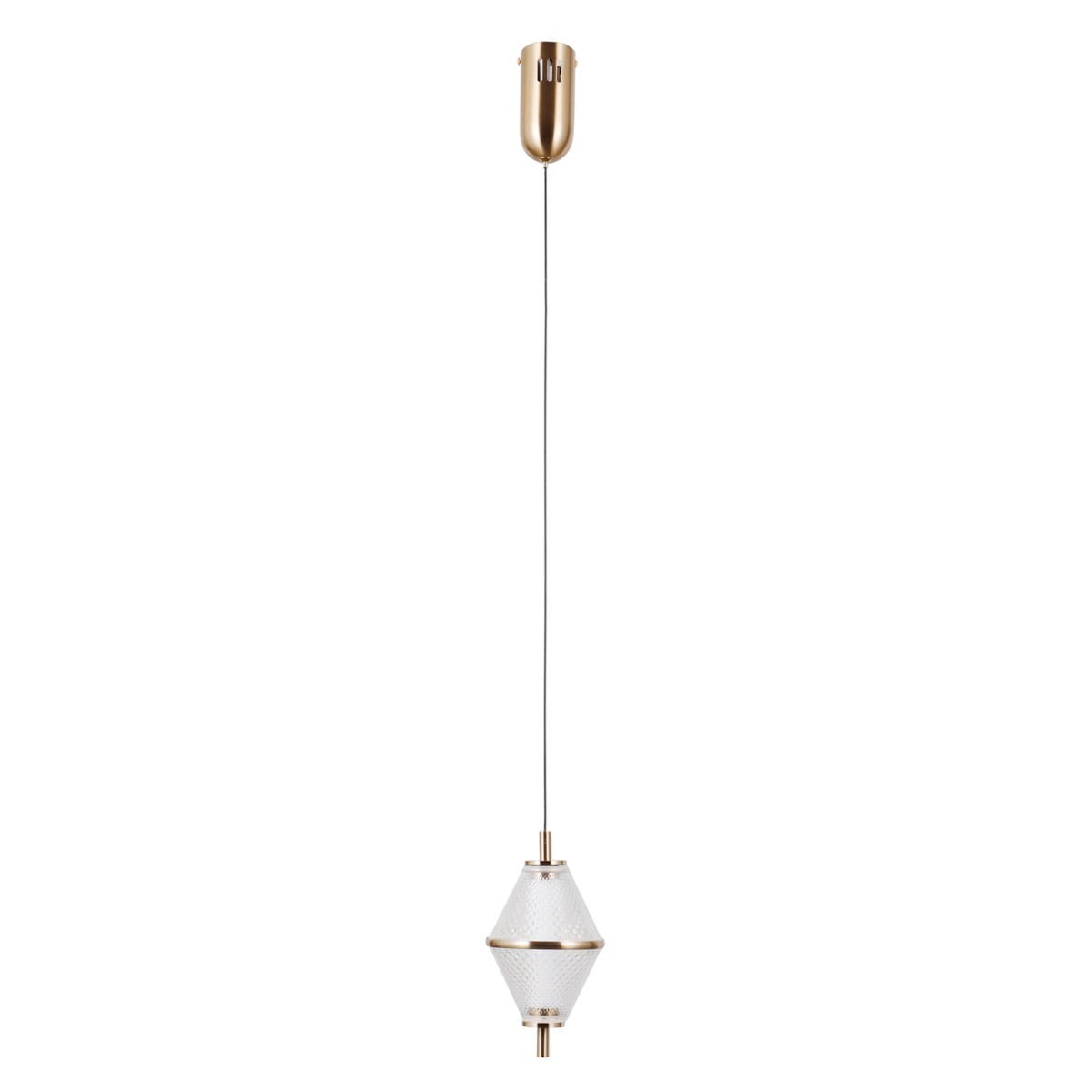 Lampa wisząca Fuente 1xLED 5W w złotym kolorze z przezroczystym kloszem w kształcie diamentu. Montaż sufitowy, zawieszona na cienkim, metalowym przewodzie. Wymiary i detale klosza są widoczne, podkreślające elegancki design.