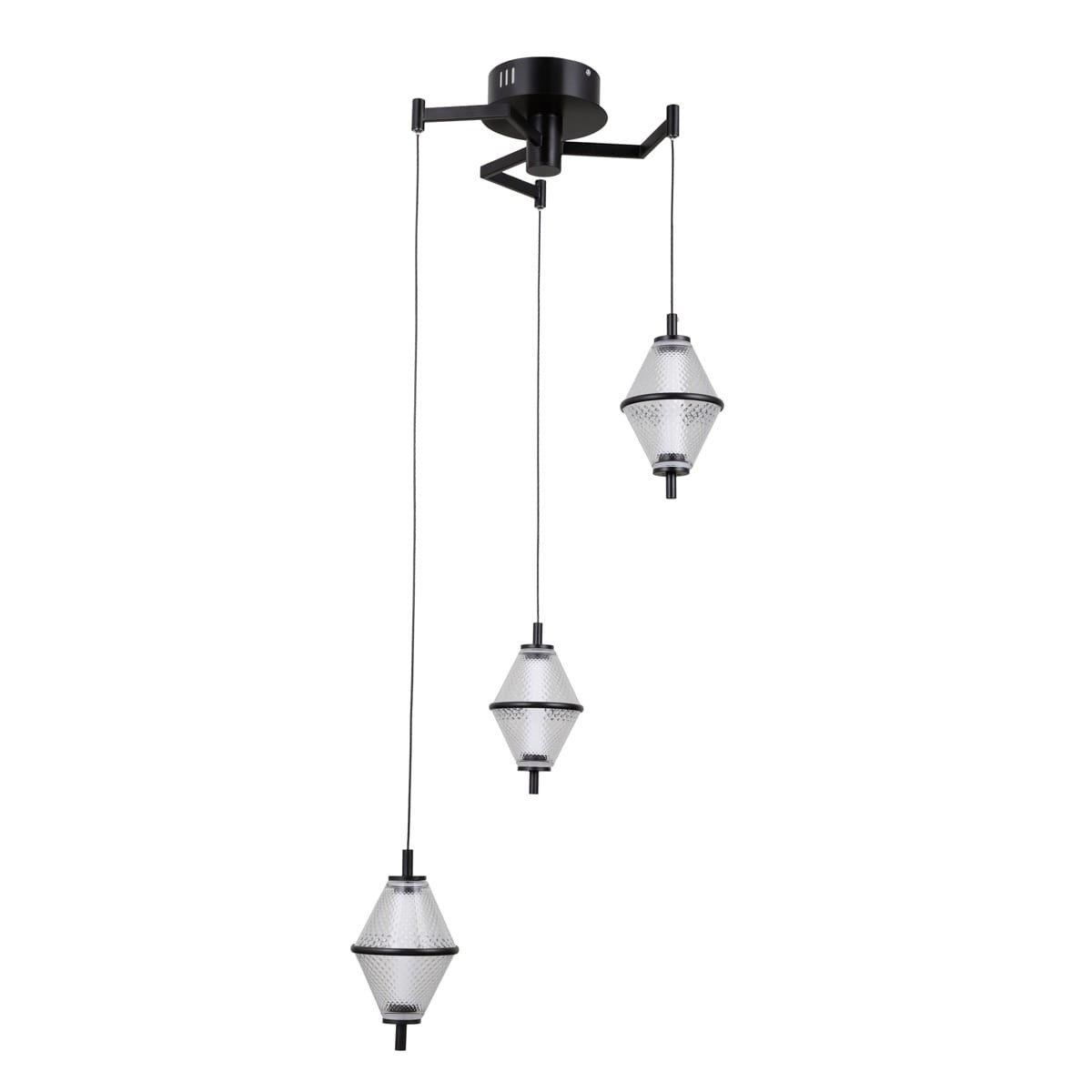 Lampa wisząca Fuente z trzema kloszami LED 15W w kolorze czarnym. Klosze mają kształt diamentu, wykonane z przezroczystego materiału z fakturą. Produkt zawieszony na cienkich przewodach, montowany do sufitu.