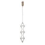 Lampa wisząca Fuente z trzema kloszami LED 15W w złotym kolorze. Klosze mają kształt diamentów z przezroczystego materiału, zawieszone na cienkim przewodzie. Produkt zwisający z sufitu, na prostym, białym tle.