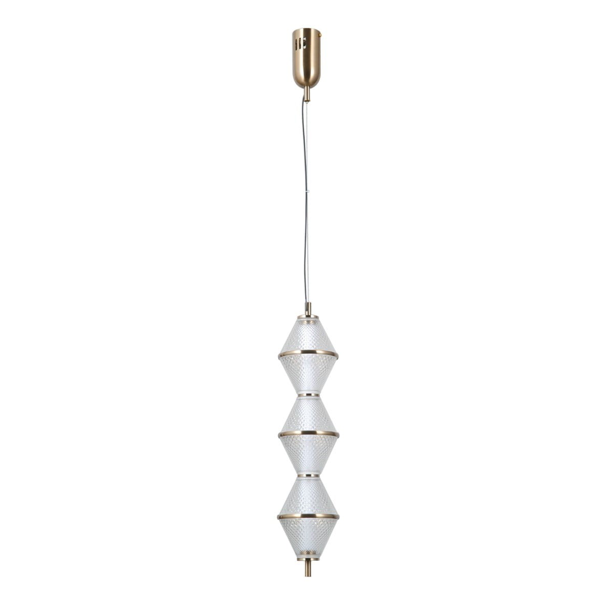 Lampa wisząca Fuente z trzema kloszami LED 15W w złotym wykończeniu. Klosze mają kształt stożków, wykonane z przezroczystego materiału z dekoracyjną fakturą. Zawieszona na cienkim przewodzie, prezentuje elegancki design.