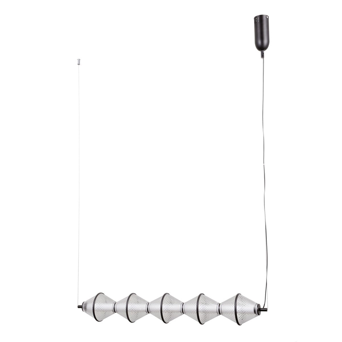 Lampa wisząca Fuente 5xLED 25W w kolorze czarnym, z pięcioma szklanymi kloszami w kształcie stożków, zawieszona na cienkim przewodzie. Klasyczny design z metalowym uchwytem, idealna do nowoczesnych wnętrz.