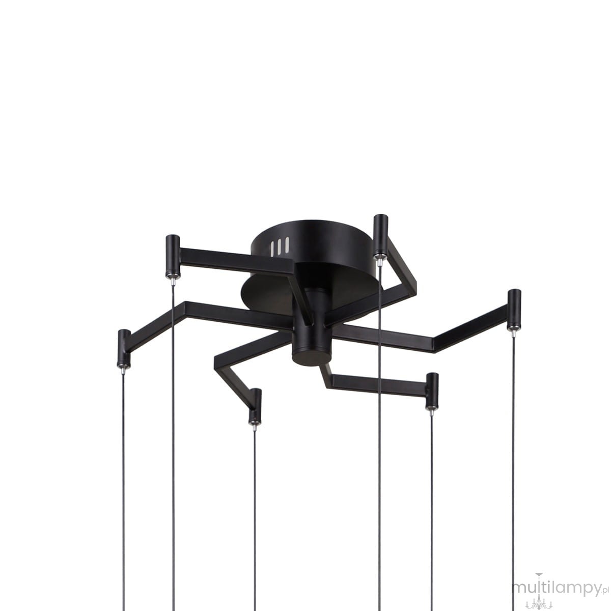 Lampa wisząca Fuente z sześcioma źródłami LED o mocy 30W, w kolorze czarnym. Posiada nowoczesny, rozgałęziony kształt z metalowymi ramionami i przezroczystymi przewodami, zawieszona na suficie.