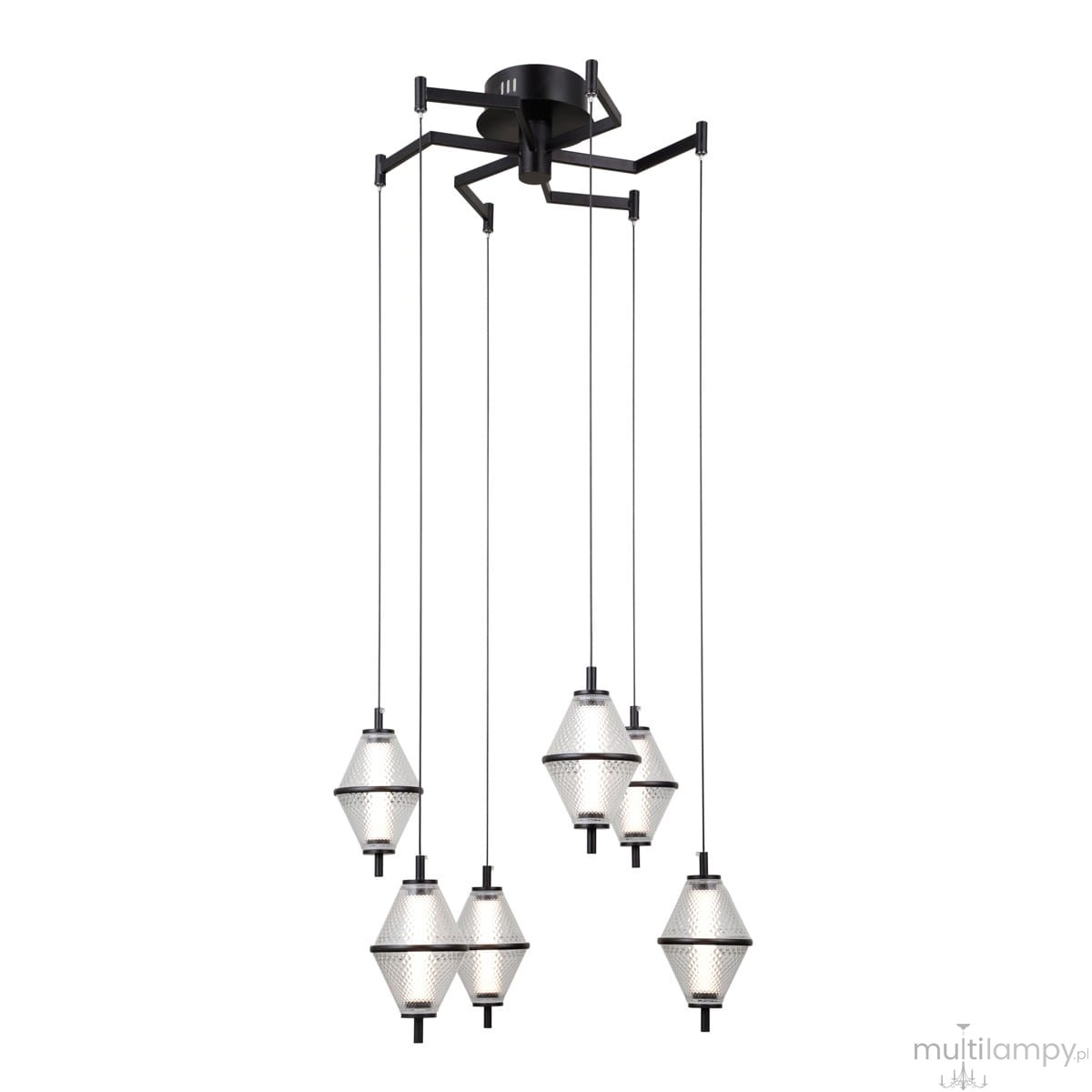 Lampa wisząca Fuente z sześcioma źródłami światła LED o mocy 30W, w kolorze czarnym. Posiada sześć diamentowych kloszy w kolorze białym, zawieszonych na cienkich linkach, z centralnym mocowaniem w kształcie pajęczyny.