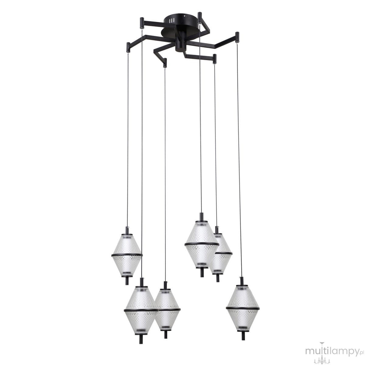Lampa wisząca Fuente z sześcioma kloszami LED, czarna, z metalowym stelażem. Klosze w kształcie diamentów, wykonane z przezroczystego materiału z fakturą. Zawieszona na cienkich linkach, z montażem sufitowym.