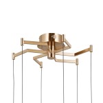 Lampa wisząca Fuente z sześcioma źródłami LED o mocy 30W, w kolorze złotym. Konstrukcja z metalowymi ramionami w kształcie rozpostartej sieci, z czarnymi przewodami. Kąt ujęcia z dołu, pokazujący detale mocowania i stylowy design.