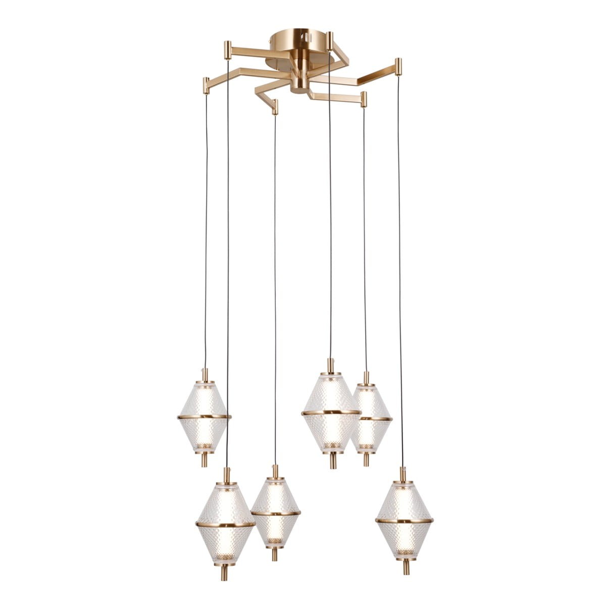 Lampa wisząca Fuente z sześcioma kloszami LED 30W w złotym kolorze, o diamentowym kształcie, zawieszona na cienkich linkach. Klosze wykonane z przezroczystego szkła z wzorem, montowane na metalowej konstrukcji.