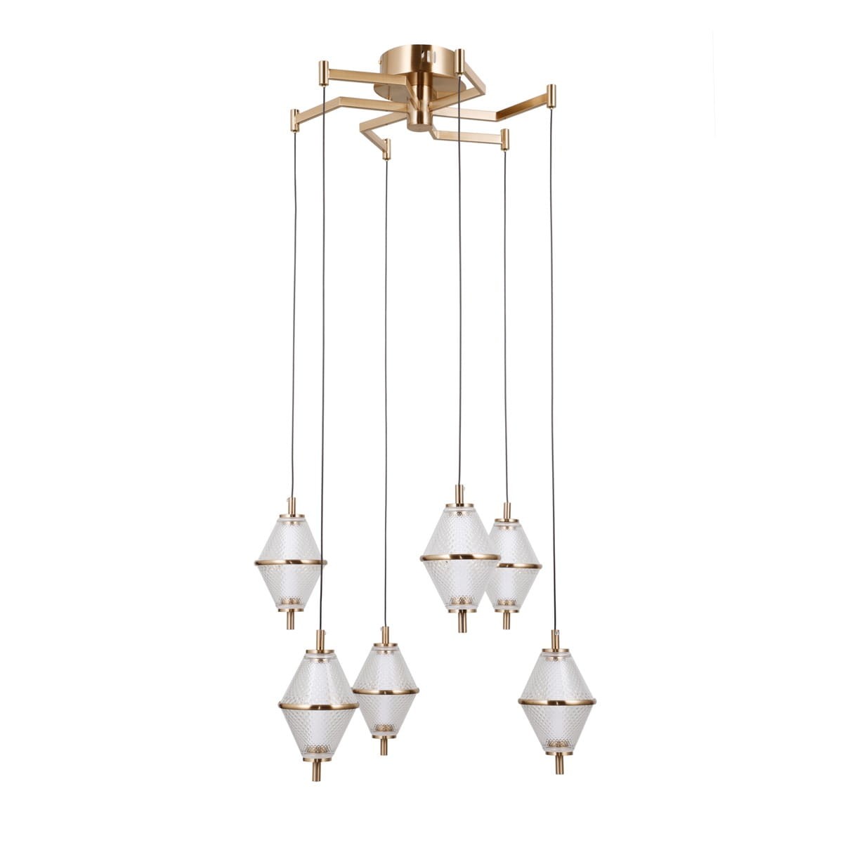 Lampa wisząca Fuente z 6 kloszami LED 30W w kolorze złotym. Klosze w kształcie diamentów wykonane z przezroczystego szkła z fakturą, zawieszone na cienkich linkach, montowane na złotym stelażu.