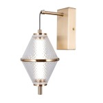 Kinkiet Fuente 1xLED 5W w kolorze złotym, z przezroczystym kloszem w kształcie diamentu. Lampa montowana na ścianie, z metalowym wykończeniem, elegancko oświetli wnętrze. Widoczny kabel oraz mocowanie na prostokątnej podstawie.