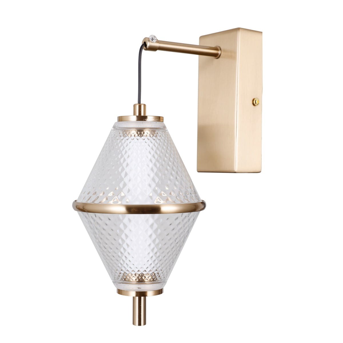 Kinkiet Fuente 1xLED 5W w kolorze złotym z wykończeniem w formie diamentowego klosza z przezroczystego szkła. Produkt montowany na ścianie, z widocznym uchwytem i kablem. Elegancki design, idealny do nowoczesnych wnętrz.