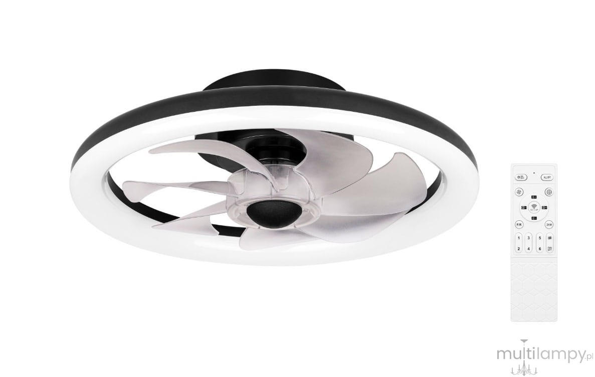 Plafon z wentylatorem w kolorze czarnym, z białą obręczą LED, średnica 40 cm, moc 36W + 15W, z pilotem. Widoczny wentylator z przezroczystymi łopatkami, zamontowany na suficie, z prostym tłem.