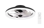 Plafon z wentylatorem w kolorze czarnym, z białą obręczą LED, średnica 40 cm, moc 36W + 15W, z pilotem. Widoczny wentylator z przezroczystymi łopatkami, zamontowany na suficie, z prostym tłem.