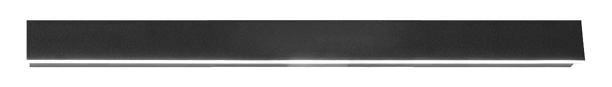 Lara 150 kinkiet elewacyjny LED w kolorze czarnym, o prostokątnym kształcie, z białym paskiem LED na dolnej krawędzi. Produkt zamontowany poziomo, wykonany z matowego materiału, idealny do oświetlenia zewnętrznego.